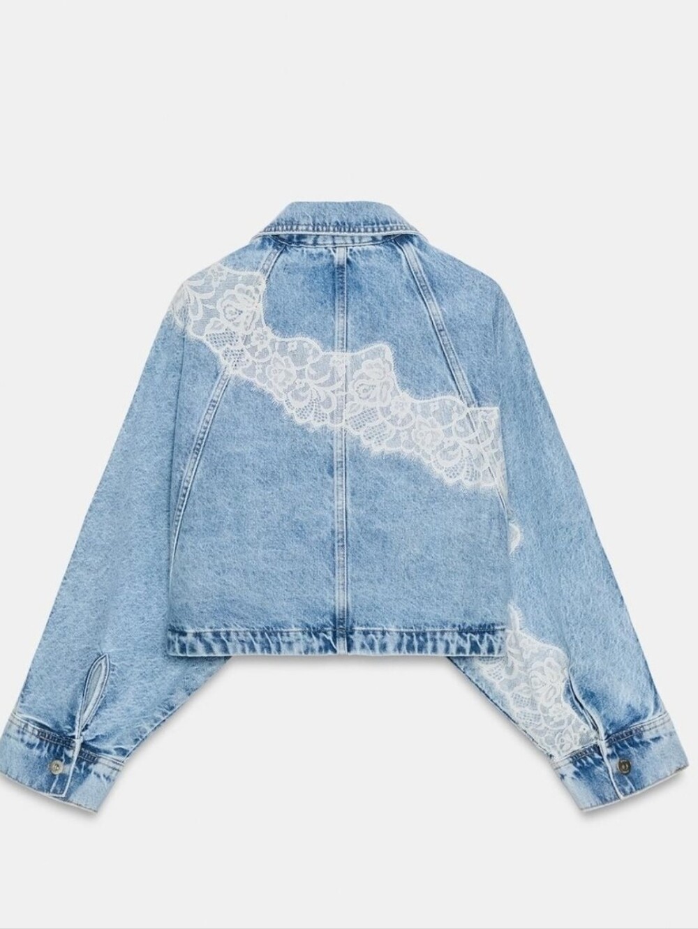 ZARA Lace Appliqué Cropped Denim Jacket Oversized M/L NWT Sold Out - Picture 3 of 5